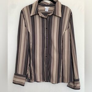 East 5th XL button down  brown black measurement below missing button  Striped